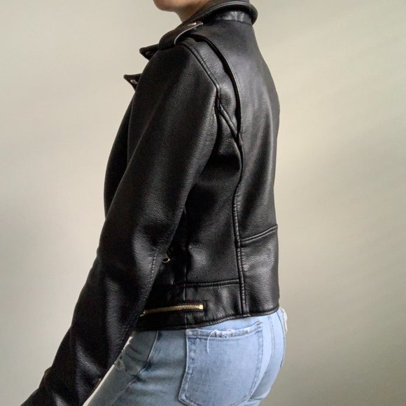 Fully-Lined Vegan Leather Biker Moto Motorcycle Jacket with Gold Zipper Hardware - Picture 6 of 13
